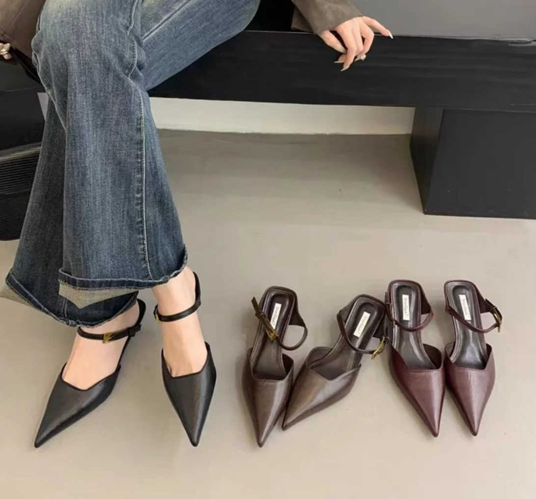 Retro Street Style Design Thin High Heels Pointed Toe Women Pumps Buckle Strap Banquet Party Slingbacks Female Mules Shoes