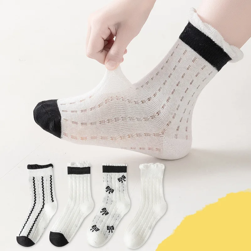 

4 пары/серые летние дышащие сетчатые носки для маленьких девочек, жаккардовые повседневные носки до середины икры с бантом для детей, мягкие хлопковые легкие носки принцессы