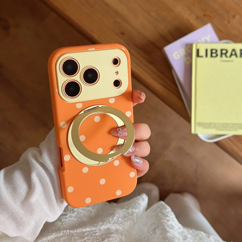 INS Polka Dot Magnetic 360° Rotating Bracket Case For iPhone 17 16 15 Pro Max 17 16 Pro 15 For Magsafe Stand Holder Hard Cover