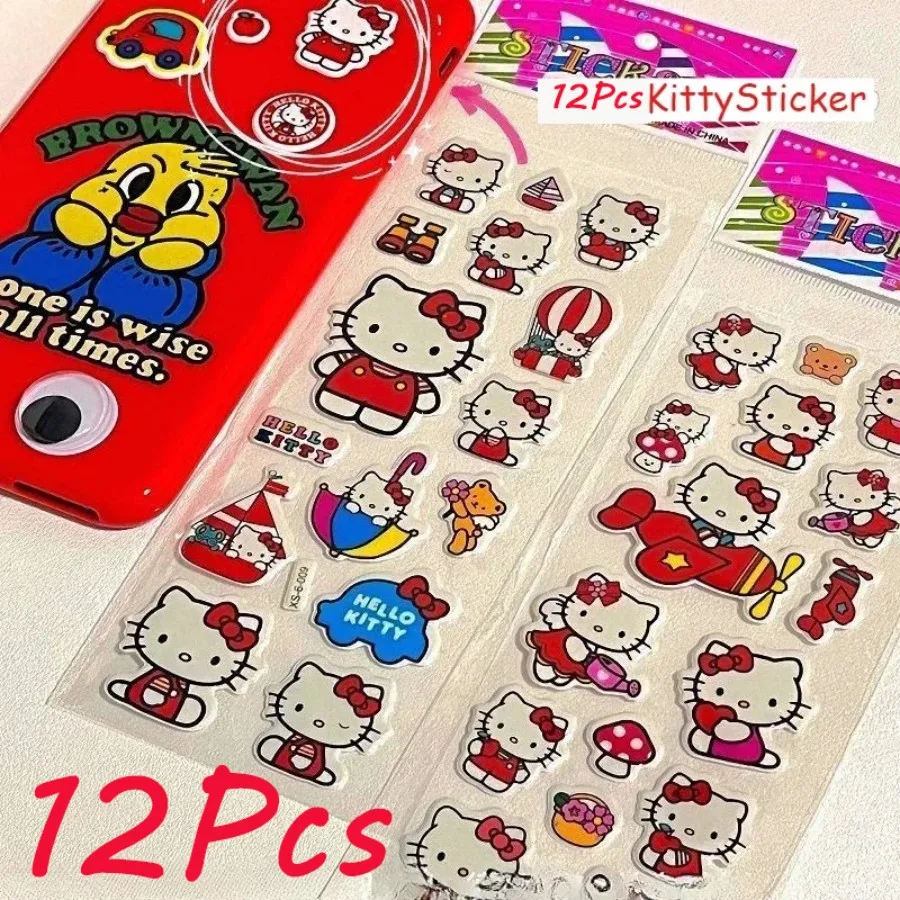 12 pçs olá kitty dos desenhos animados sanrio adesivos scrapbook caso de telefone portátil guitarra notebook kawaii anime adesivos brinquedos das crianças presentes