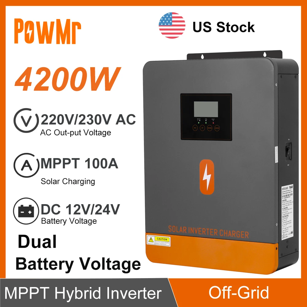 4.2KW Dual Voltage DC12V 24V to 230VAC Off Grid Hybrid Solar Inversor 100A MPPT Solar Charger Max PV 500V Fit Lithium Battery