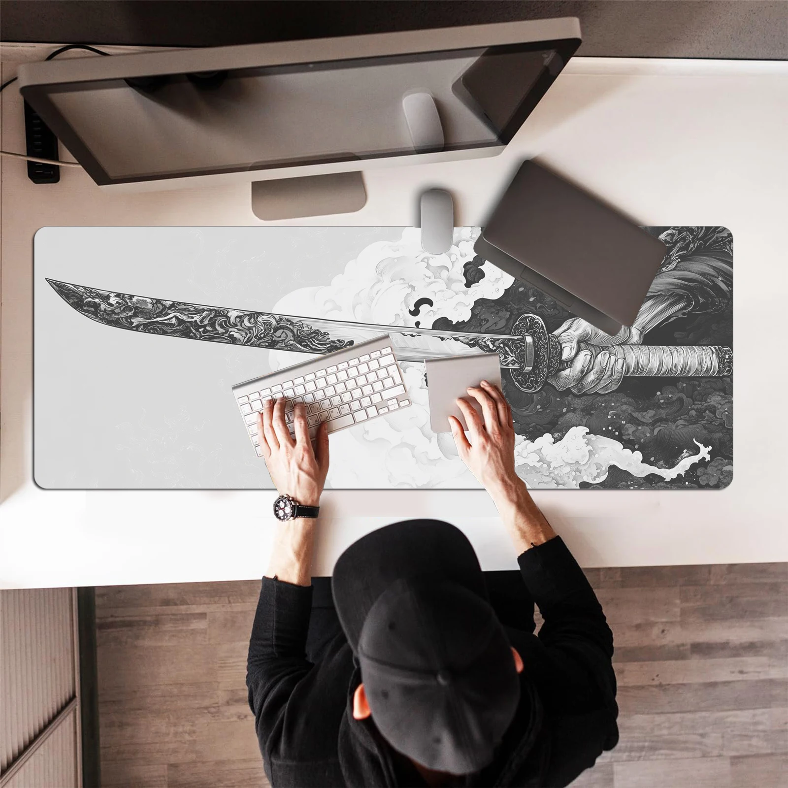 Black And White Comic Wind Sword Model Keyboard Mouse Pad Desk Mat, 3D Gaming Mouse Pad with Non-Slip Rubber Base Stitched Edges