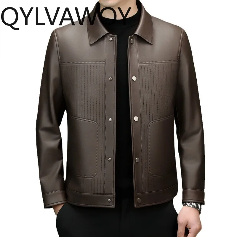 

QYLVAWOY Sheepskin Real Leather Jacket Man Lapel Jacket New Spring Autumn Jackets for Man Chaqueta Hombre Solid Leather Coat