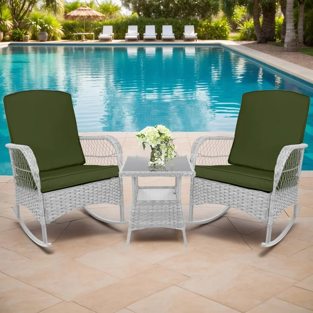 3 pcs Rocking Bistro Set Conversation Chairs PE Wicker Outdoor Rocking Chairs & Glass Table,for Porch Lawn Garden Backyard Deck