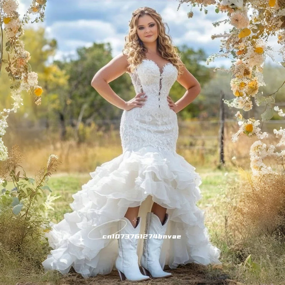 

Cowboy Western Country Wedding Dress High Low Mermaid Lace Bridal Gown Appliques Tiers Ruffles Outdoor Ceremony Customized