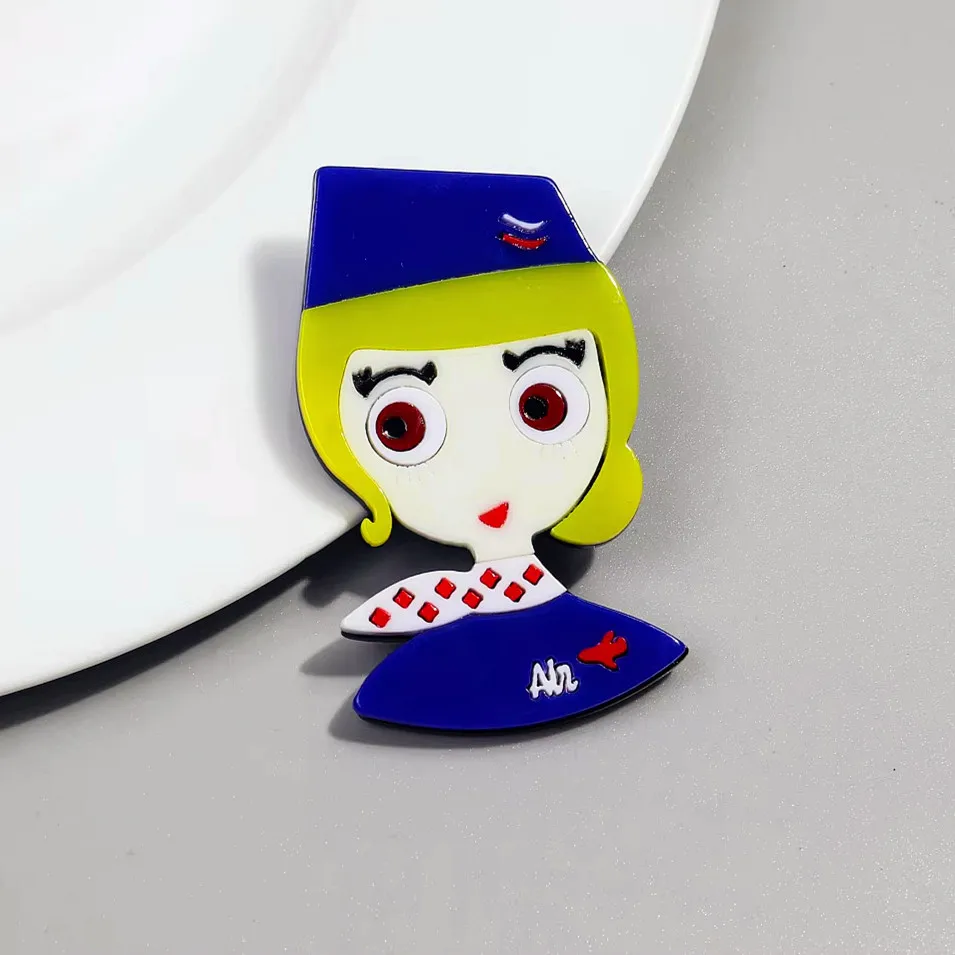 Cute Acrylic Stewardess Figure Brooches for Women Vintage Cartoon Blue Uniform Lady Badges Pins Jewelry Office Accessories Gifts