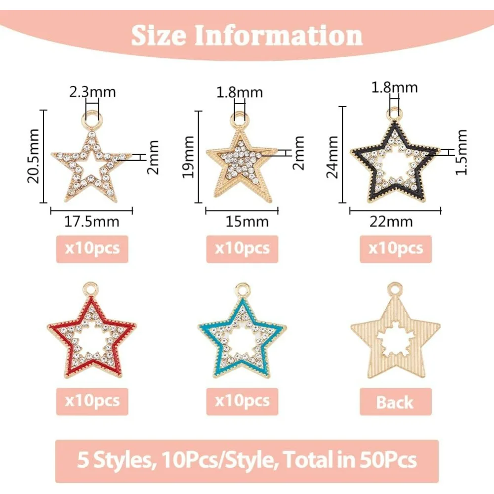 50Pcs 5 Styles Star Hollow Rhinestone Pendants Alloy Pentagram Dangle Charms Mixed Color Blue Red Black Pendants Charms Light