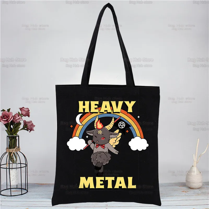 Baphomet Occult Goat Shopping Black Bags Canvas Tote Bag Reusable Satan Demon Ghost Cloth Bag Handbag Scary Evil Shoulder Bags