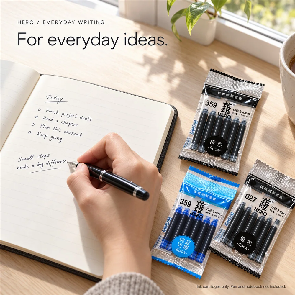 6PCS HERO Fountain Pen Ink Cartridge Universal 2.6mm 3.4mm Non-carbon Ink Sac Refill, Black or Blue Optional