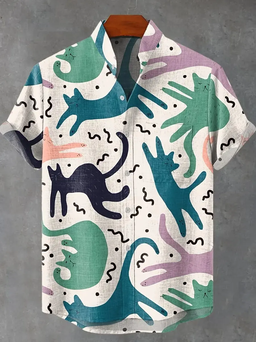 2025 fashionable men's 3D printed cat design pattern men's button up collar comfortable and breathable casual plus size linen sh