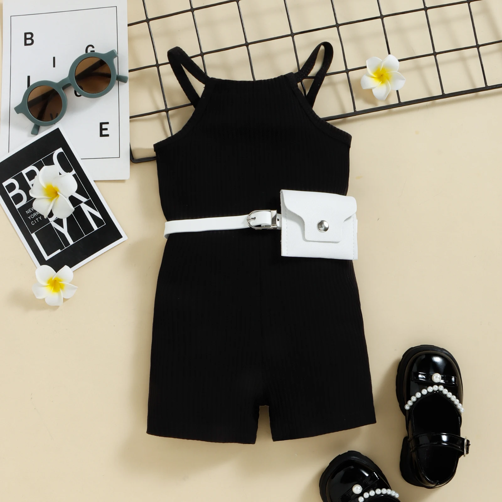 2PCS Summer 0-5 Years Old Baby Girls Soft And Comfortable Simple Solid Color Black Coffee Two-Color Pit Strip Halter Onesie