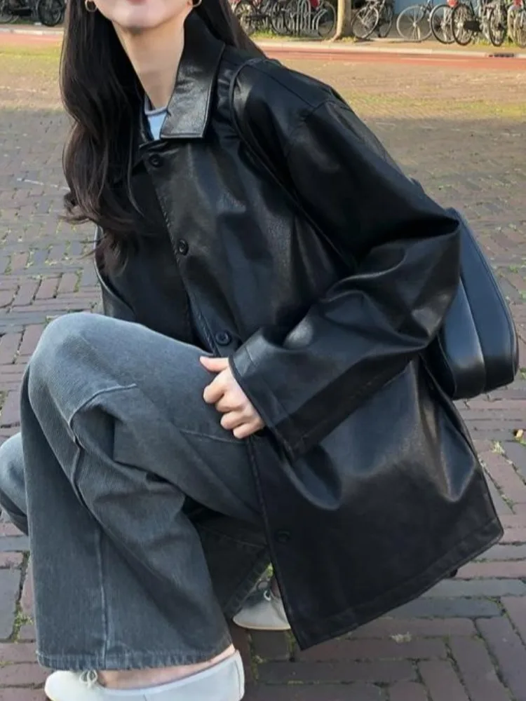 Chic Early Spring mat Sle Single Button Stand Collar Mid-Length PU Leather Jaet Women Loose Casual Leather Coat