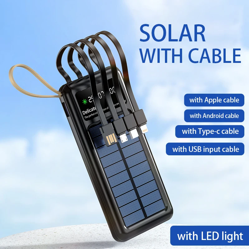 Solar Power Charging Treasure with Four Types USB Wires 10000mAh Large Capacity Digital Display with LED Dight for iPhone HUAWEI