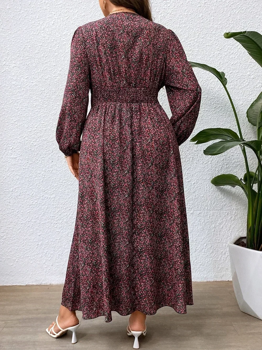 Damskie Plus Size 1XL-5XL Ditsy kwiatowy nadruk z rękawem i rękawem sukienki z dekoltem w szpic sukienka Maxi z talią