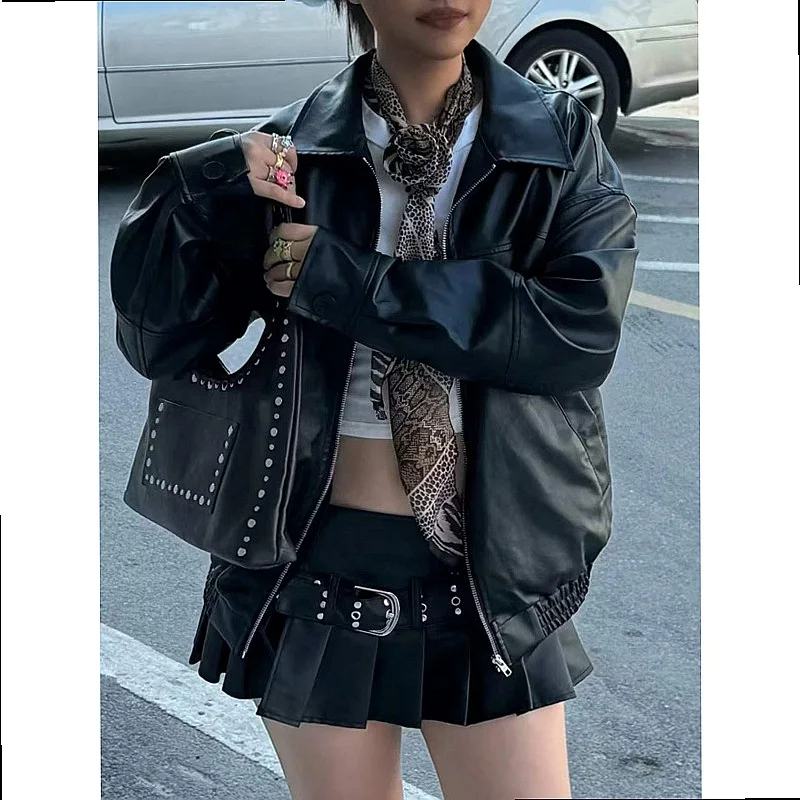 Brown Leather Jacket Windbreaker Motorcycle Coat Oversized Vintage PU Jackets