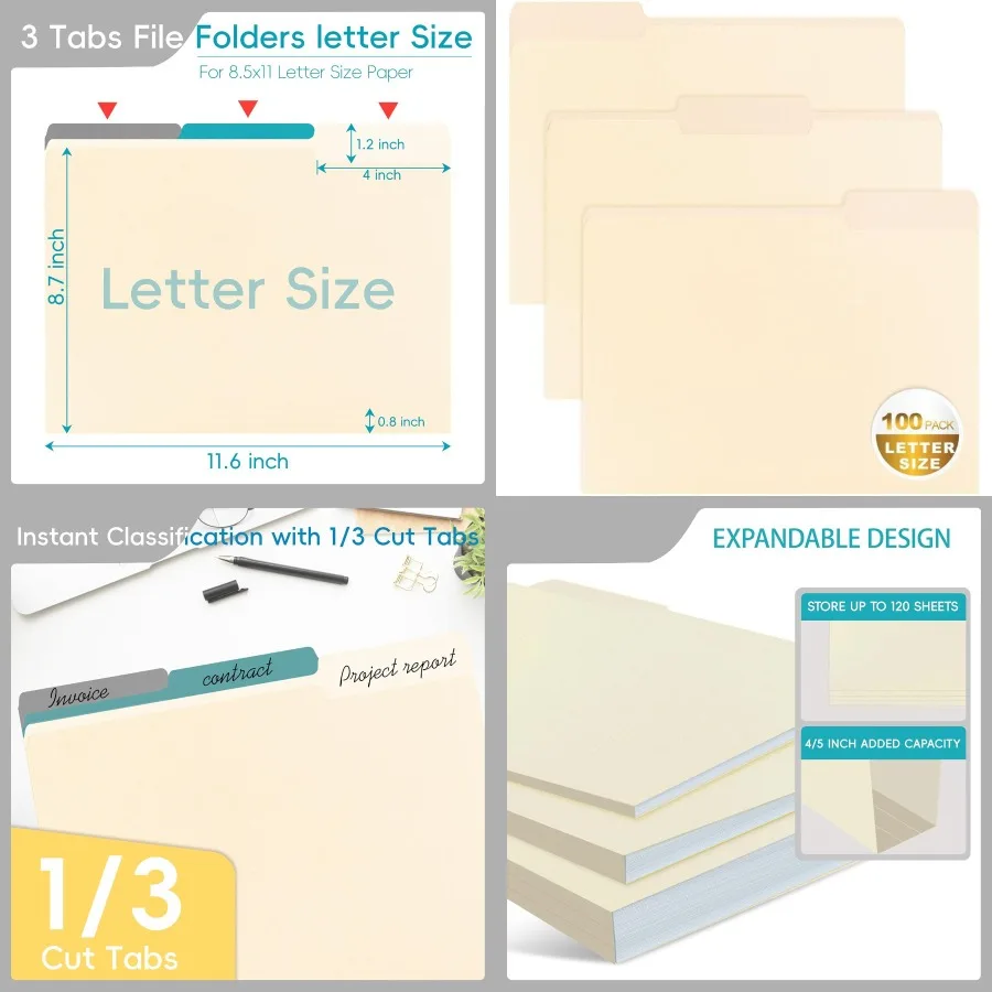 

Папка Manila для файлов размером 8,5x11 Папки Manilla с вырезанными вкладками на 1/3 для эффективной организации школы, офиса и дома, 100 шт.