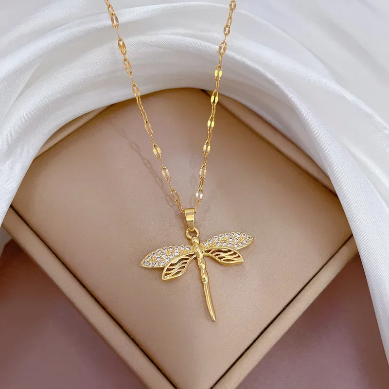 Stainless Steel Cute Zircon Dragonfly Pendant Necklaces for Women Vintage Accessories Gifts for Friends Family