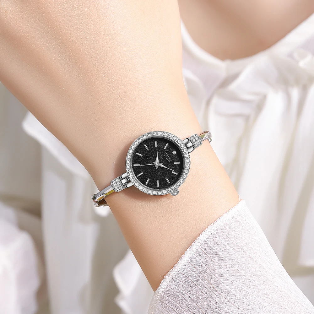 GEDI Elegant Women Quartz Wrist Watches Diamond Bezel Frosted Dial Plate Waterproof Ladies Jewelry Watch Silvery Watch for Women