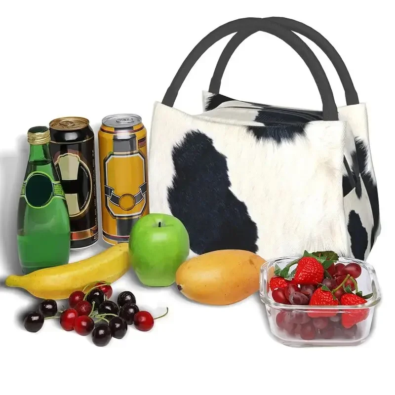 Real Black And White Cowhide Thermal Insulated Lunch Bags Print Women Rustic Cow Faux Fur Skin Leather Resuable Meal Food Box