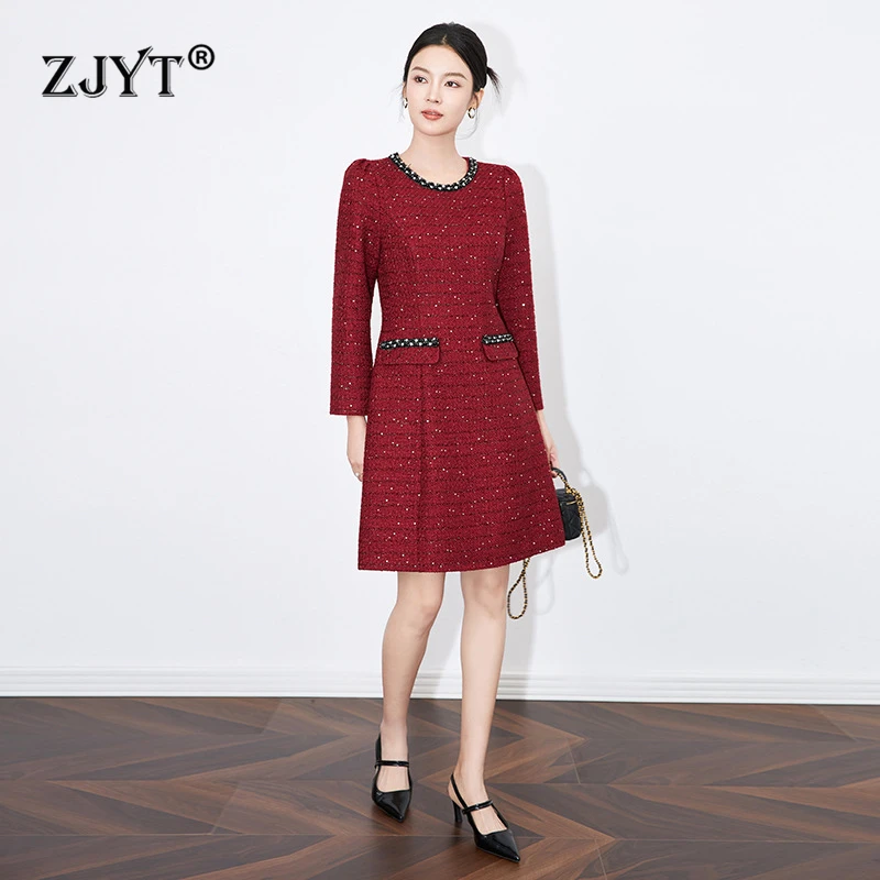 ZJYT Designer Fashion Women Beading Tweed Woolen Dresses Autumn 2024 Elegant Long Sleeve Vintage Party Short Dress Vestidos Red