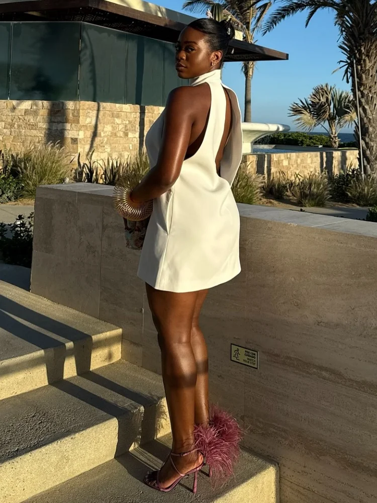 Minivestido elegante vazado frente única – sem mangas, gola alta, corte em V profundo, vestido de festa de verão, vestidos de trabalho para mulheres de rua alta