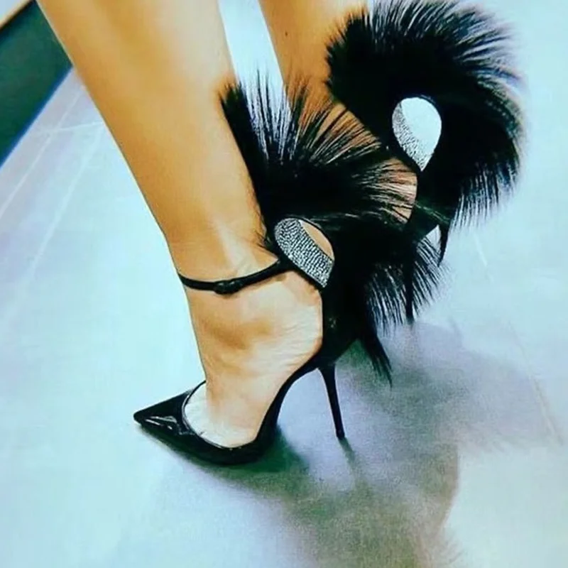 

Stylish Fur Tassles Ankle Strap High Heel Pumps Pointed Toe Black Patent Leather Stiletto High Heels Female Footwears