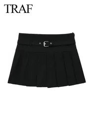 TRAF 2023 Women's Fashion Vintage Chic Skirts Solid Black High Waist Belt Decoration Skirts Female Sweetwear Style Mini Skirts