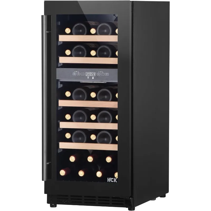 HCK Wine Fridge Dual Zone,Wine Cooler Refrigerator 15 Inch,29 Bottle,Built-In Freestanding Under Counter Wine Fridge LED Light