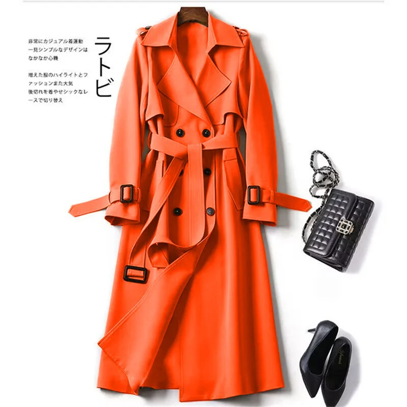 2024 Fashion Trench Coat Women's Long Windbreaker Spring Autumn Streetwear Outerwear Sashes Double-breasted 13 Colors Trench