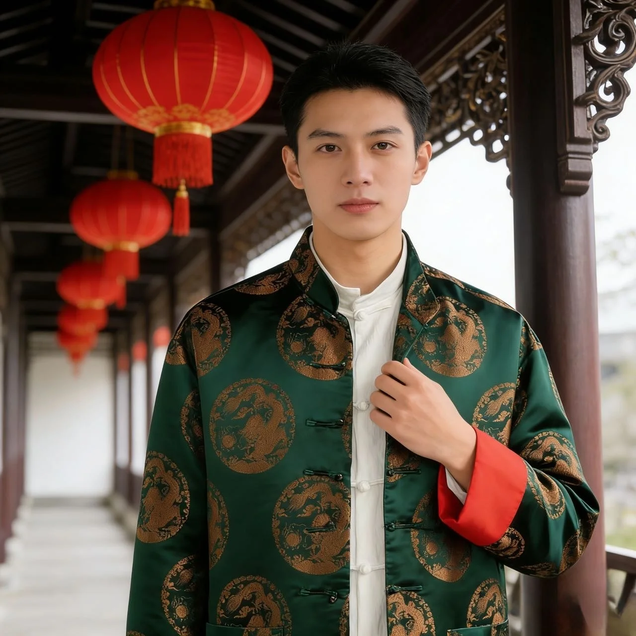 Handmade Men's Printed Jacket Autumn Spring Seasonal Long Sleeve Youth Casual Geometric Pattern Tang Costume Style Button up