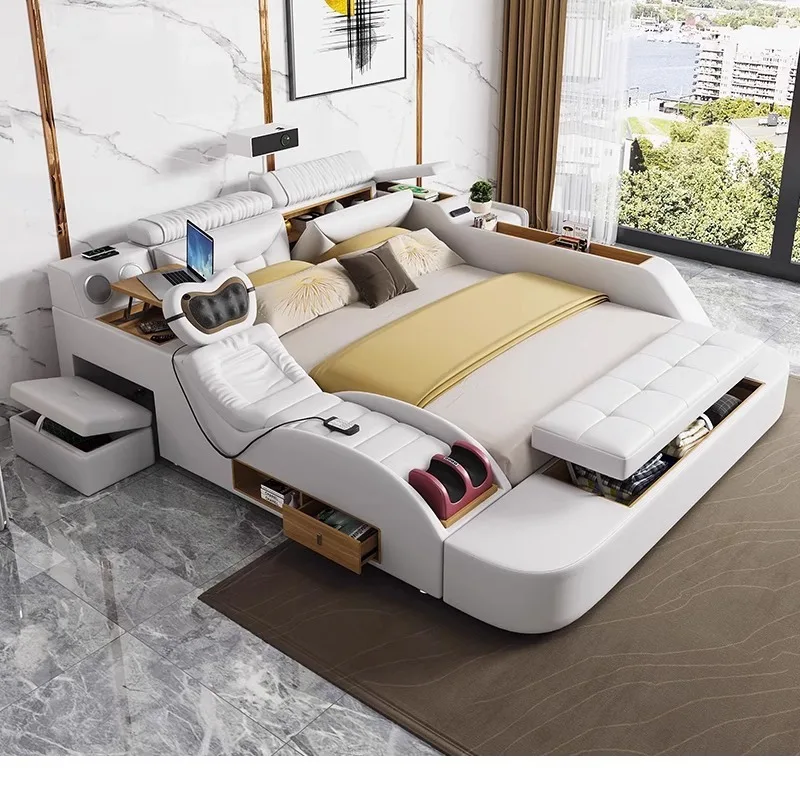 

Multifunctional Leather Bed with Massage, Smart Lifting, and Projector - Modern Simple Double Bed for Master Bedroom