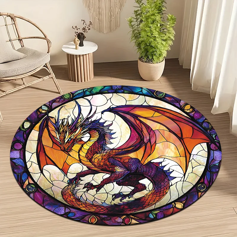1pc Stained Glass Style Round Mat - Non-Slip Machine Washable Mat with Vibrant Dragon Design, Lightweight Polyester, Perfect for