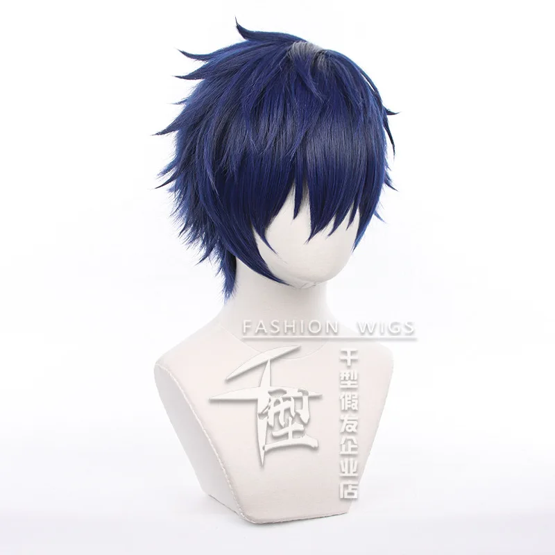 Pelucas de Cosplay de Game Ensemble Stars Sazanami Jun, pelo corto azul oscuro, pelo sintético resistente al calor, accesorios para fiesta de Halloween