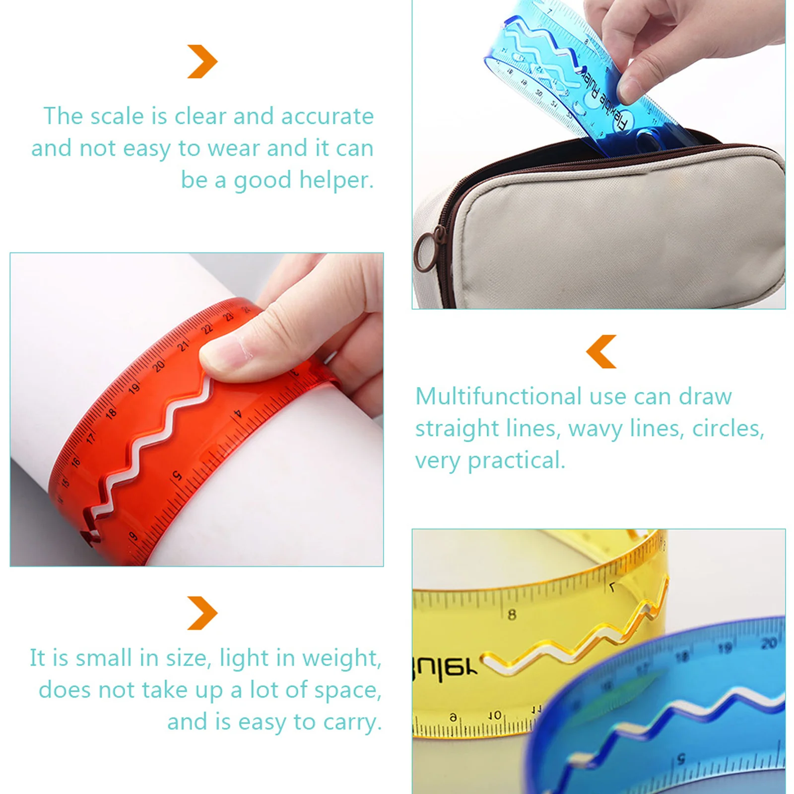 4Pcs Bendable Ruler Clear Flexible Measuring Tool for Students School Exam Review Portable Space-Saving Precise Non-Slip