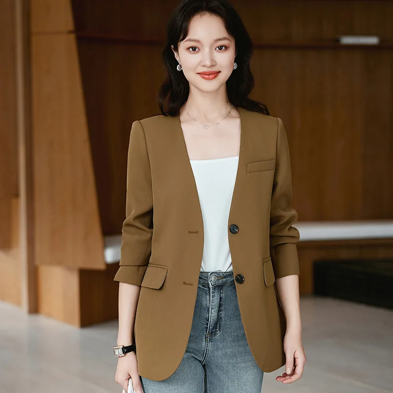 Blazer long de haute qualité pour femmes, simple boutonnage, col en V, nouvelle veste de bureau élégante à la mode, beige, noir, marron, automne 2025