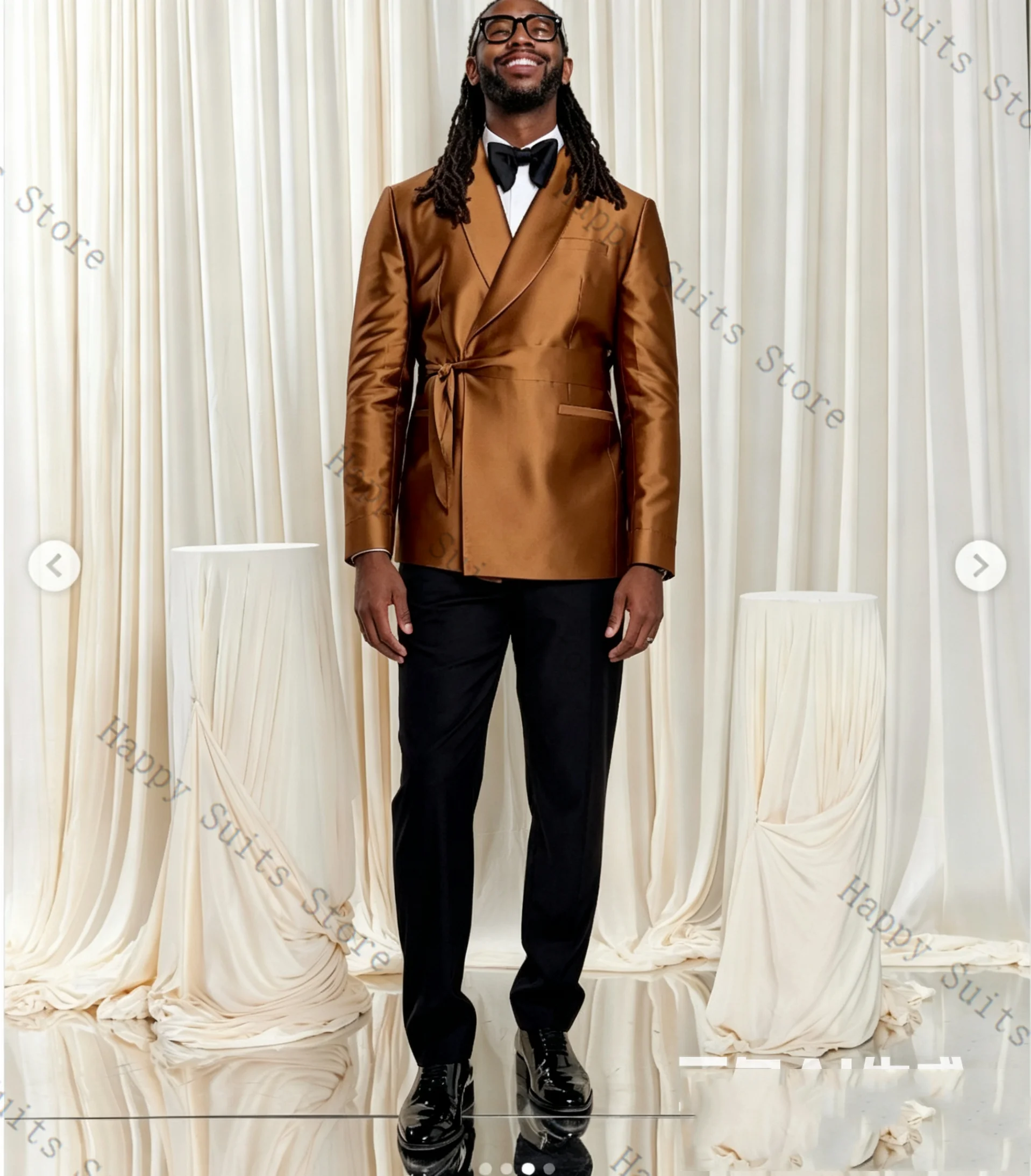 Brown Satin Men Suit Set 2 Pcs Blazer+Pants Trousers Black Formal Office Business Coat Wedding Tuxedo Customized Jacket Outfit