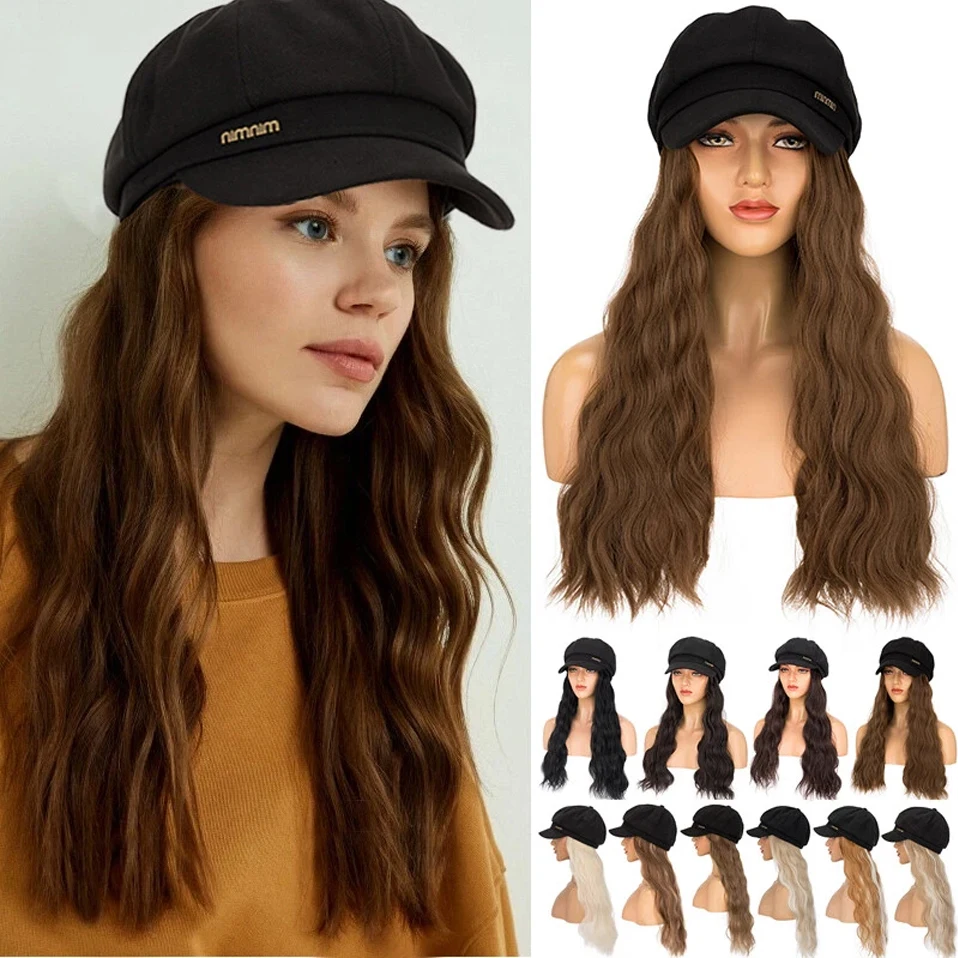 Newsboy Cap with Bob Hair Extensions Black Hat Wig 8 Panel Visor Beret Attached Synthetic 18'' Curly Wavy Hairpiece for Woman