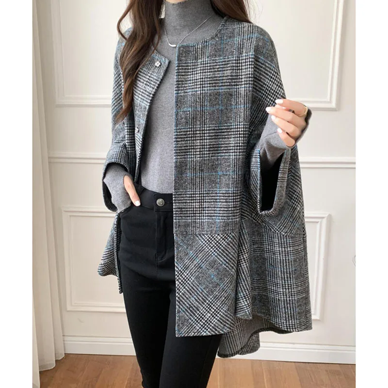 Mantel ponco rajut wanita, Luaran leher O kotak-kotak, gaya Korea musim gugur dan dingin