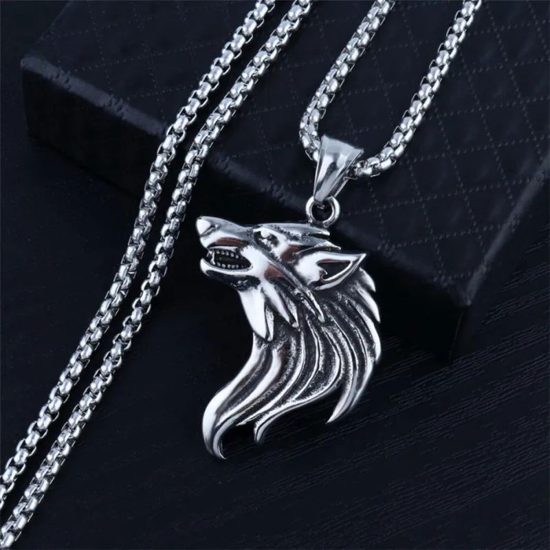 Stainless Steel Hip Hop Retro Wolf Head & Dragon Pendant Necklace Men's Fashion necklace Long Neck Chain Punk Jewelry Party Gift