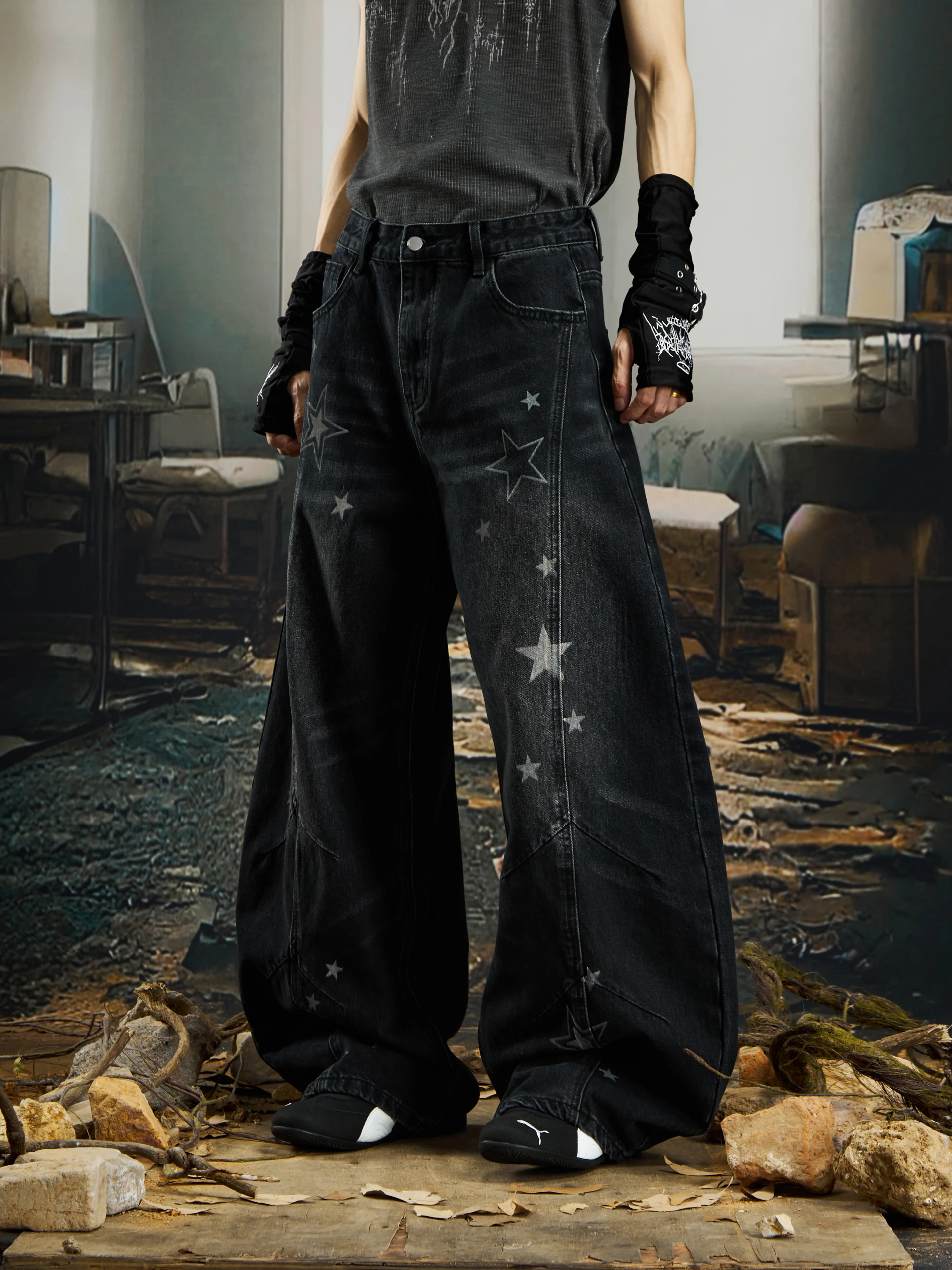 Special-Interest Design XINGX Printed Washed and Worn Wide Leg Machete Jeans Trousers Mid Waist Men's Women's Pants Fashion