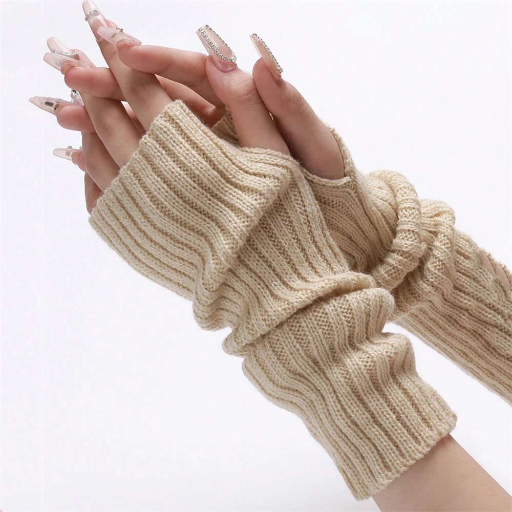 

Пара осенне-зимних мужских и женских перчаток с длинными полосатыми рукавами, унисекс, средние длинные вязаные теплые перчатки с искусственными рукавами на палец росы