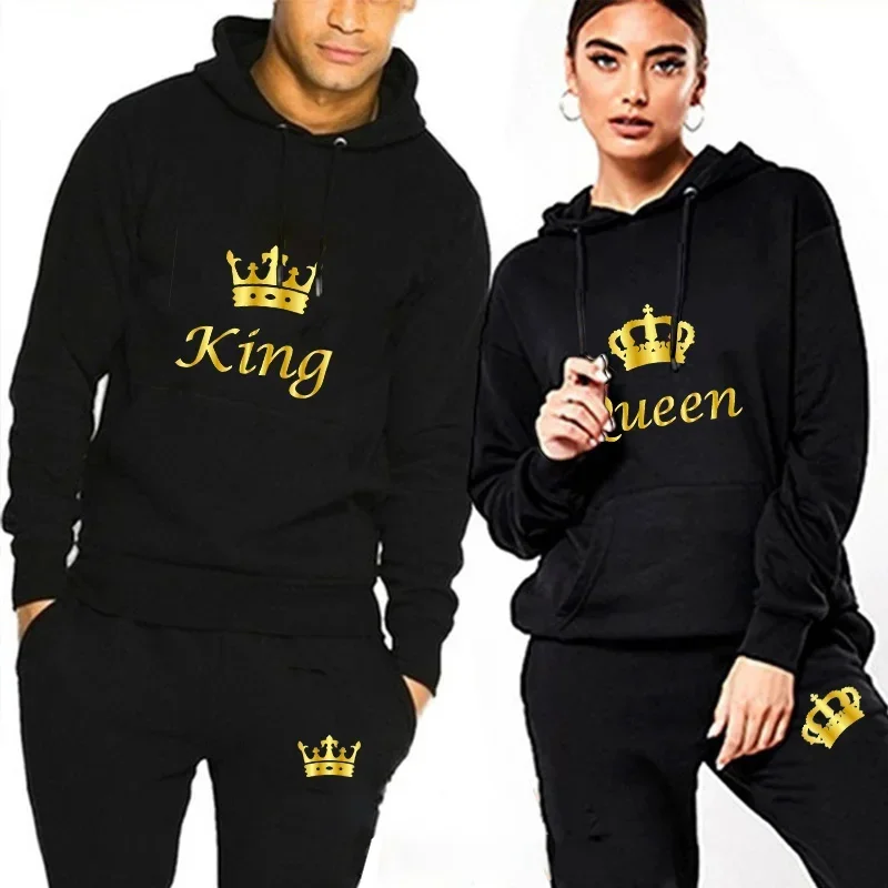 

2022New Couple Sportwear Set KING Or QUEEN Printed Hooded Suits 2PCS Set Male and Femaie Hoodie and Pants S-4XL