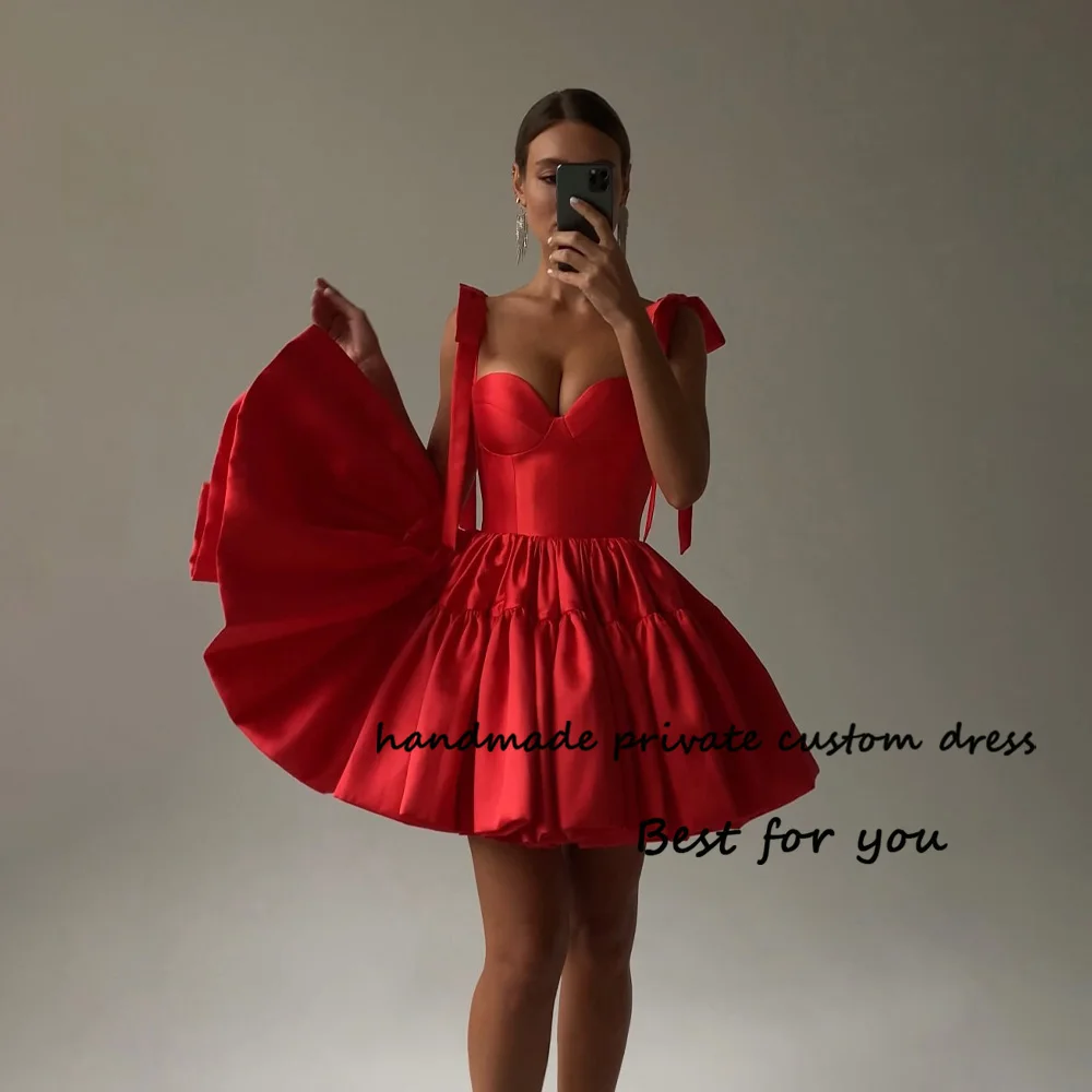 

Red Satin Short Homecoming Party Dress for Teens with Bow Draped Puffy A Line Prom Dress Sweetheart Corset Formal Gowns