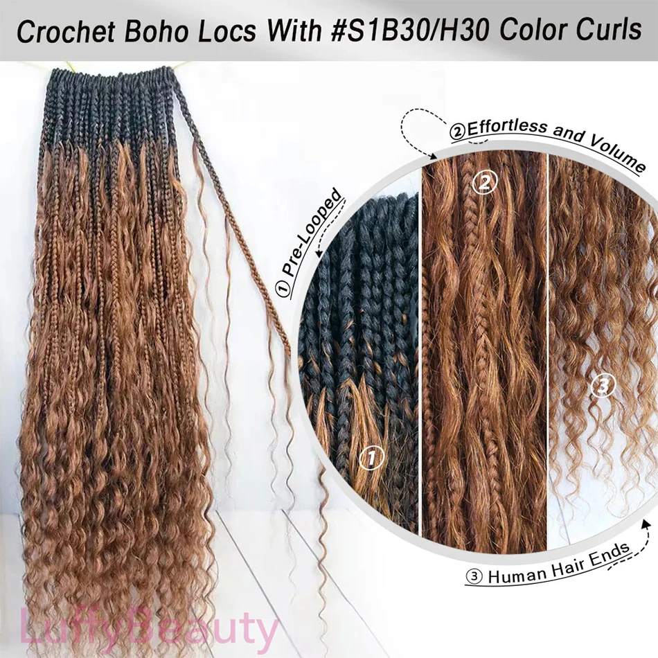 Boho Box Braids Вязаные крючком волосы с кудрями из человеческих волос Ombre Brown 1B/30 Предварительно заплетенные косы Boho Человеческие волосы с вьющимися концами для женщин