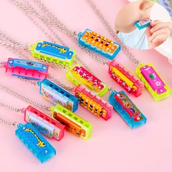 10Pcs Cartoon Mini Harmonica with Necklace Musical Instrument Toys for Kids Birthday Party Favors Baby Shower Pinata Fillers