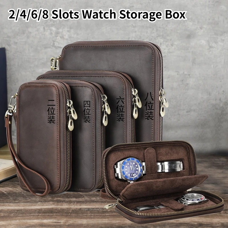 

2/4/6/8 Slots Watch Storage Box, Carry Case, Watch Box Holder Display Genuine Leather Zipper Watch Case with Card Holder Pocket