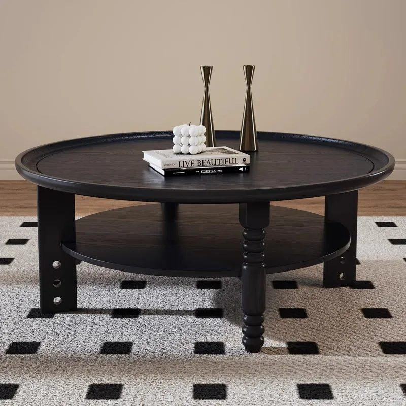 olid wood coffee table, round American tea table, small black table, small apartment, living room coffee table 2024 new