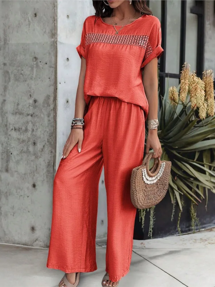 Women Spring Summer Collection Sexy Hollow Fashion Solid Color Round Neck Short Sleeve Pants Wide Leg Pants Casual Comfort Set