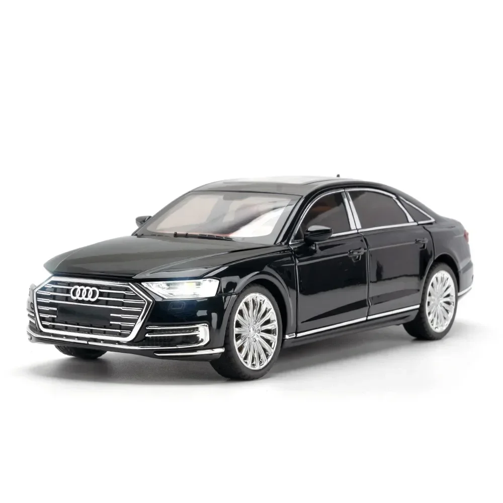 1:24 Audi A8 Diecast miniatur mobil mainan logam logam campuran Model mobil tarik ke belakang suara & lampu pintu dapat dibuka koleksi hadiah untuk anak laki-laki C186