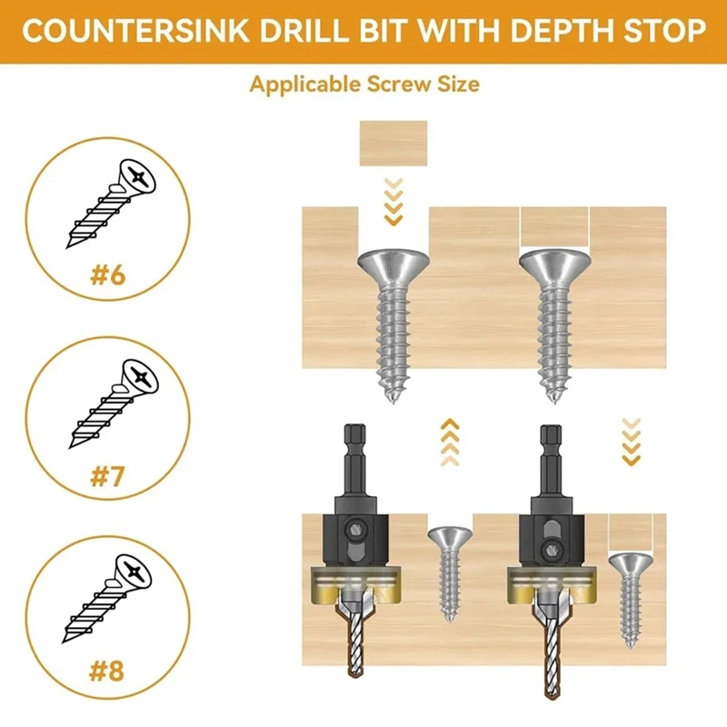 A96I-82 Degree Woodworking Countersink Drill Bits Carbide Tipped With Adjustable Depth Stop No Thrust Ball Bearing